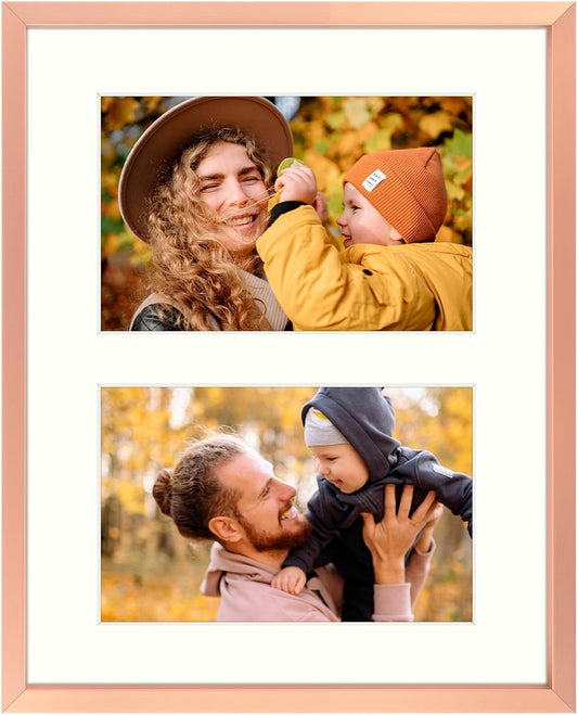Frametory - 8x10 Aluminum Collage Picture Frame - Display 4x6 Pictures with 2 Openings Mat - Real Glass Front - with Easel Stand for Horizontal/Vertical Wall Mount - Rose Gold 1 Pack