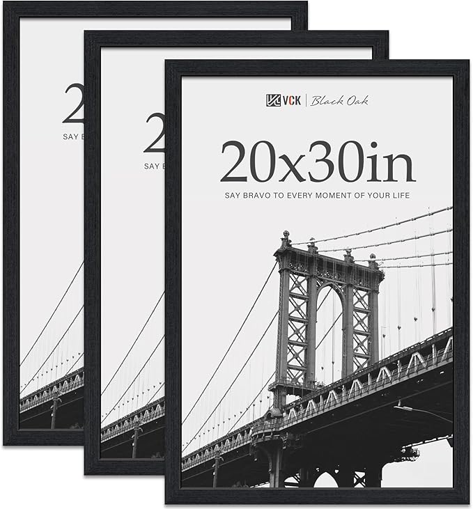 VCK 20x30 Poster Frame Black Oak - 3 Pack, Exclusive Natural Textured Solid Wood Picture Frame, Horizontal and Vertical Formats for Wall with Included Hanging Hardware
