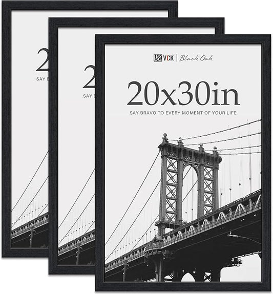 VCK 20x30 Poster Frame Black Oak - 3 Pack, Exclusive Natural Textured Solid Wood Picture Frame, Horizontal and Vertical Formats for Wall with Included Hanging Hardware