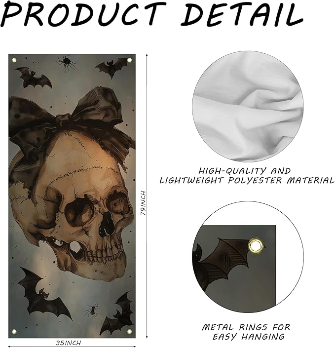 Vintage Halloween Skull Door Cover, Coquette Bow Skeleton Bats Decoration Doorway Door Curtains Banners Backdrop Background Decor for Halloween Party, Indoor Outdoor Decorations, 35 * 79 Inch