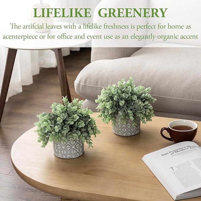 MyGift Artificial Eucalyptus Plant in Modern Gray Concrete Pots with Geometric Embossed Pattern (2, Grey)