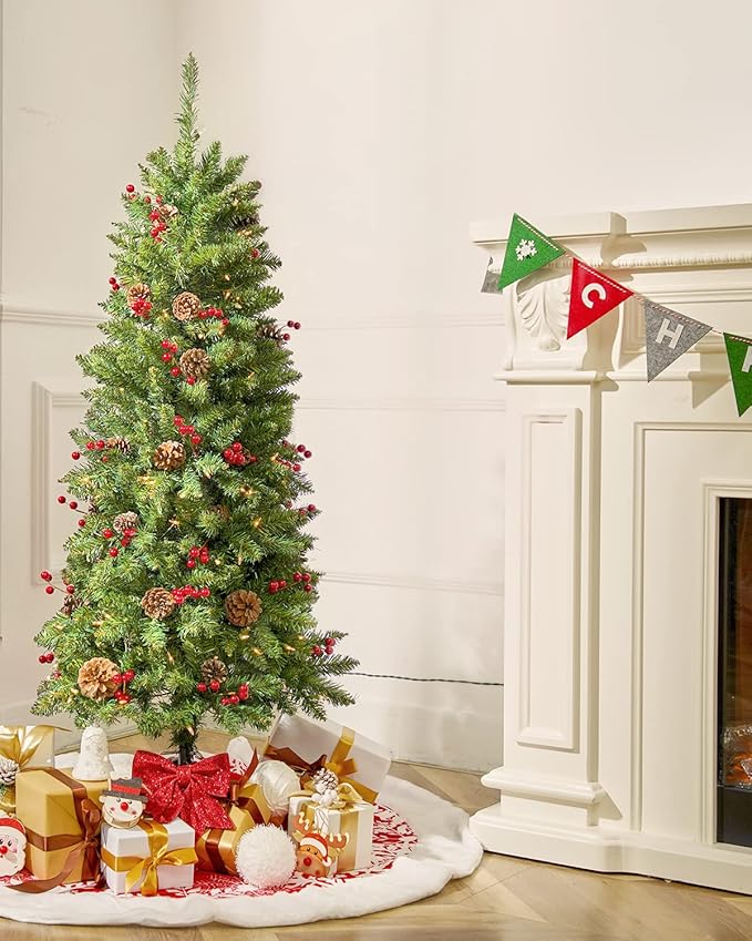 4.5FT Prelit Slim Christmas Tree, Decorated with 150 Clear Lights and Realistic 452 Thicken Tips, Hinged
