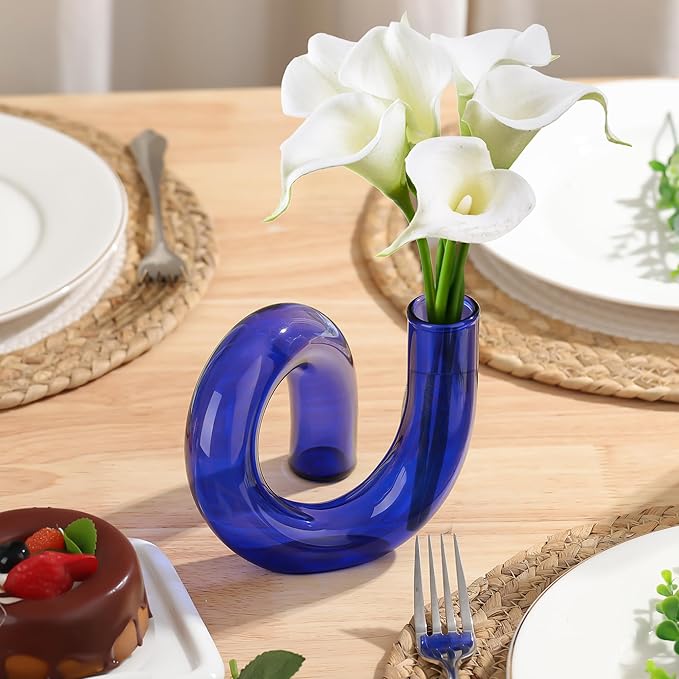 Joeyan Handmade Small Blue Glass Flower Vase,Decorative Geometric Glass Bud Vase for Modern Home Centerpieces Living Room Office,4.72" Abstract Vase for Single Flower and Dry Flowers