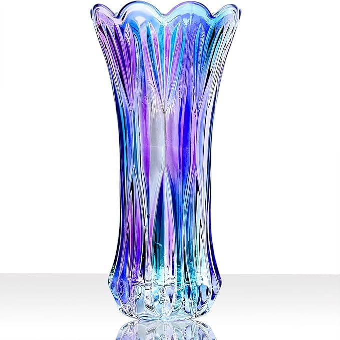 11.2 Inch Glass Vase-Iridescent Purple and Teal Thickened Cylinder Colorful Flower Vase Decor for Home Dining Table Centerpiece Office Wedding Holiday Party