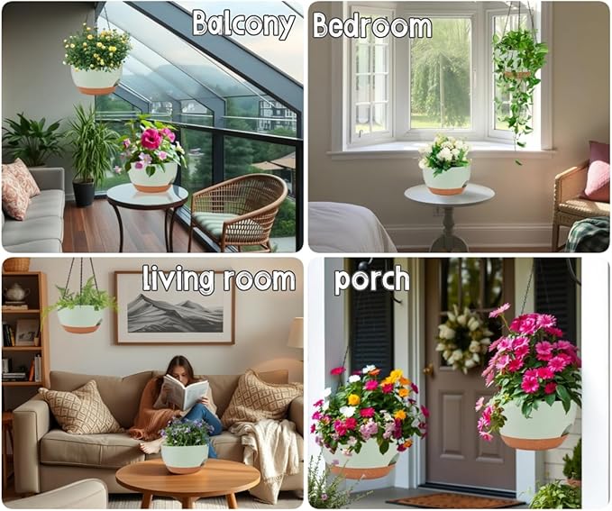 2 Pack 12 Inch Large Hanging Planters with Chains Self Watering Green Brown Plastic Hanging Pots for Indoor Outdoor Plants, Garden Porch Home Decor，Green Brown