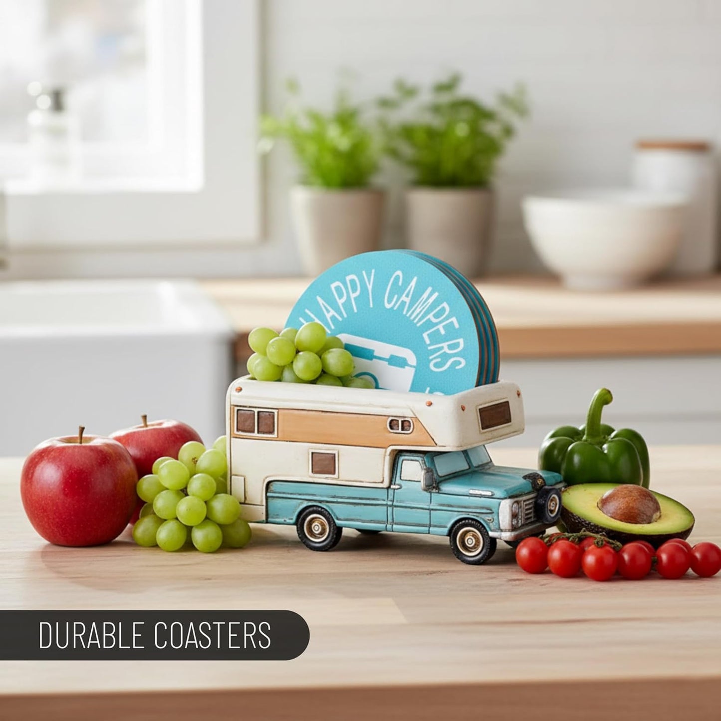 Happy Camper Car Coaster Set - Truck RV Coasters for Drinks Rustic Home Decor Living Room - Table Coasters Set Dining Room Decor and Accessories - Home Bar Camp