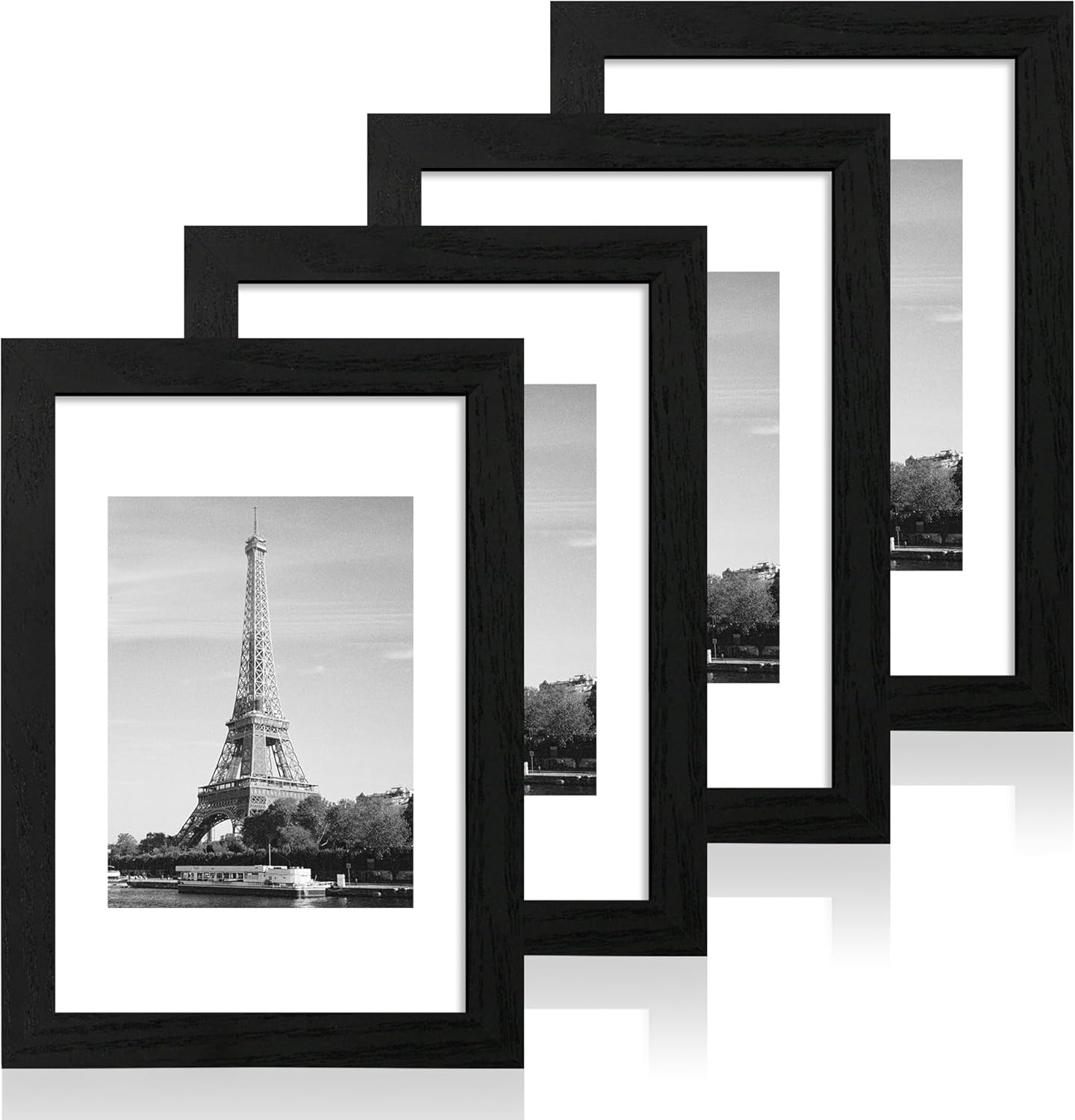 iRahmen 8x12 Picture Frame Set of 4 with HD Glass, Black Frame Display 6x8 Picture with Mat or 8 x 12 Without Mat, Wood Rustic Photo Frame for Tabletop and Wall Mounting
