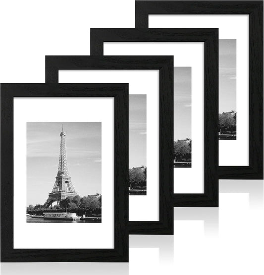 iRahmen 8x12 Picture Frame Set of 4 with HD Glass, Black Frame Display 6x8 Picture with Mat or 8 x 12 Without Mat, Wood Rustic Photo Frame for Tabletop and Wall Mounting