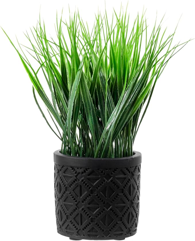 MyGift Artificial Green Grass Plant in Modern Black Concrete Pot with Geometric Embossed Pattern, Tabletop Faux Greenery Decorative Round Cement Planter Home Decor