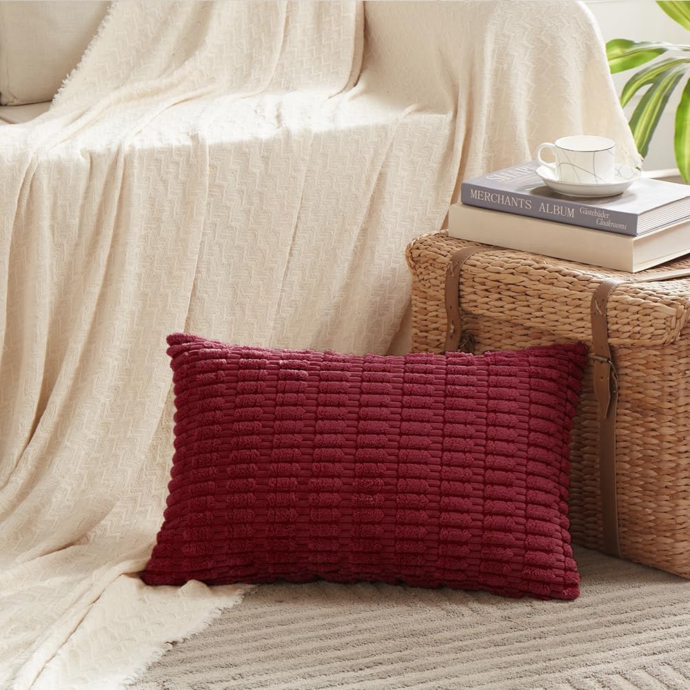 Fancy Homi Wine Red Christmas Lumbar Decorative Throw Pillow Covers 12x24 Inch for Living Room Couch Bedroom, Farmhouse Boho Home Decor, Soft Corduroy Burgundy Rectangle Cushion Case 30x60 cm