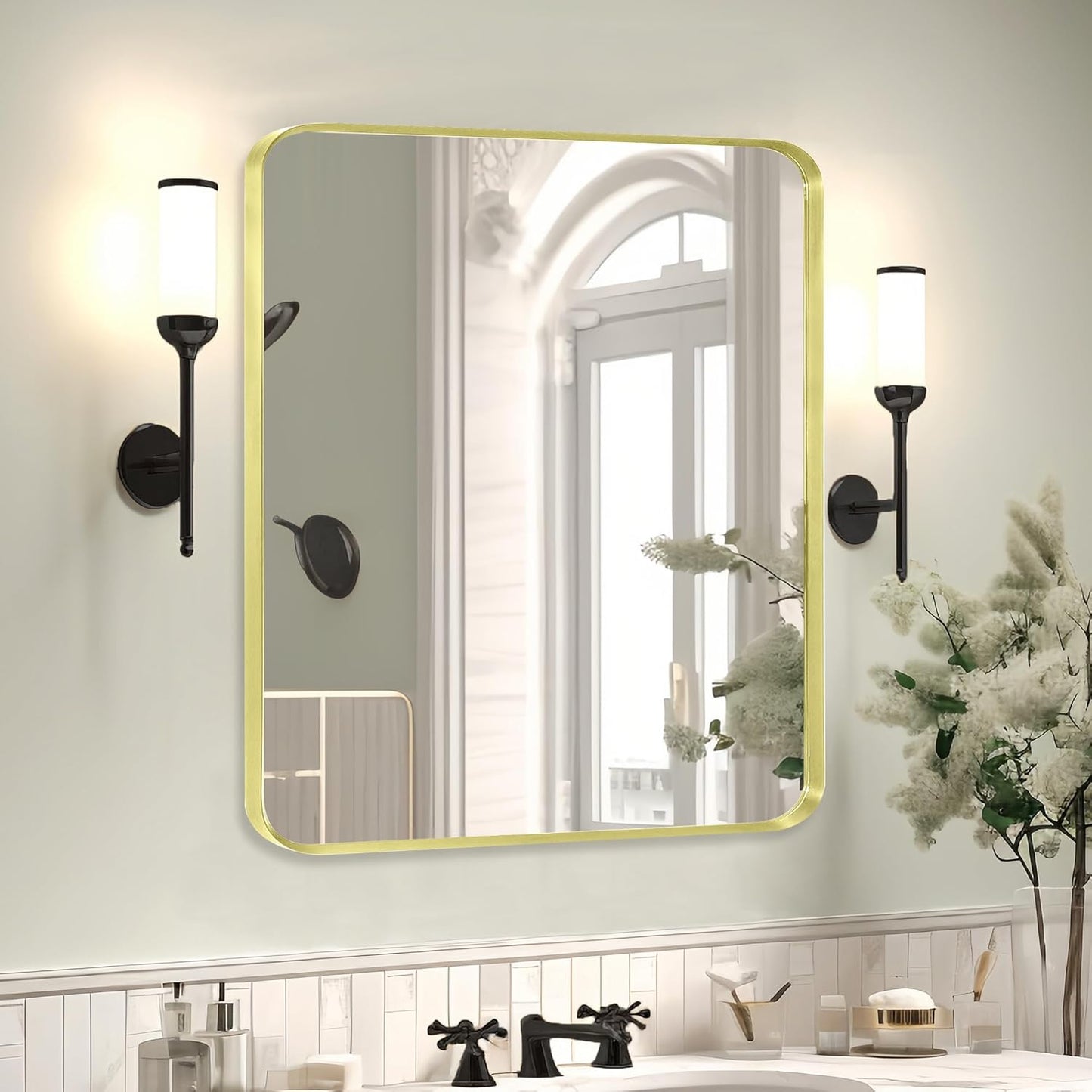 Gold Metal Framed Bathroom Mirror for Wall, Brushed Gold Rounded Corner Rectangular Bathroom Vanity Mirror, Anti-Rust, Tempered Glass (30" x 36", Gold)