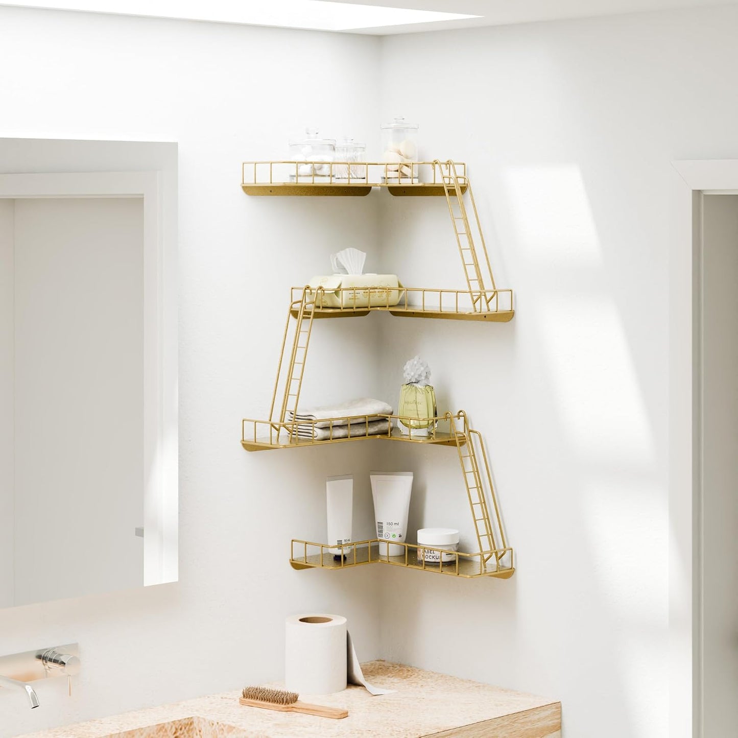 Fire Escape Wall Shelf - Modern City Style 4-Tier Corner Wall Shelves, Easy to Install Metal Ladder Shelf for Figures, New York Decorative Shelves for Bathroom, Living Room & Home Decor,Gold