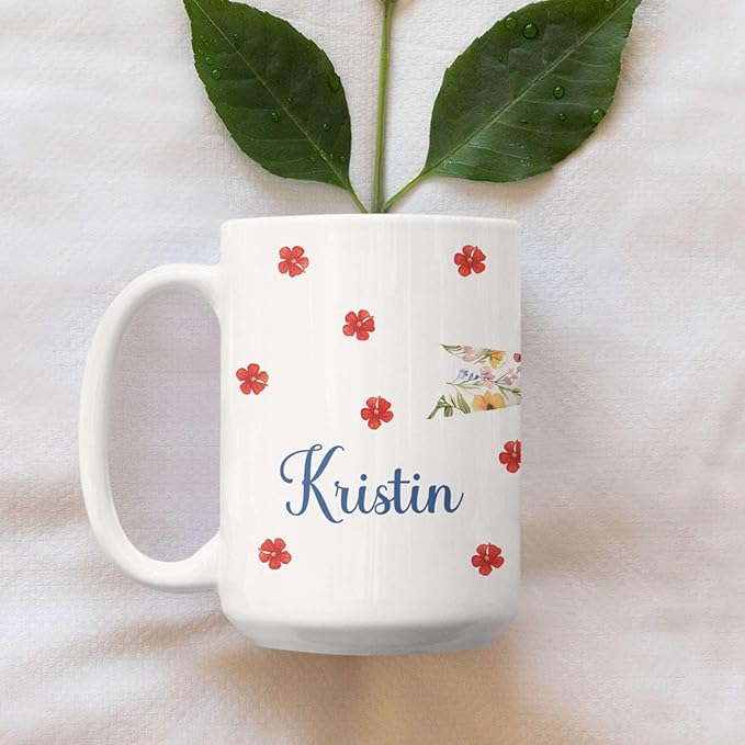 1PCS Personalized Name White Coffee Mug, Custom Floral Bow Full Wrap Cup 11oz or 15oz, Bow with Colorful Wildflowers on Ceramic Cup, Cute Spring-Inspired White Mug, Gifts for Her