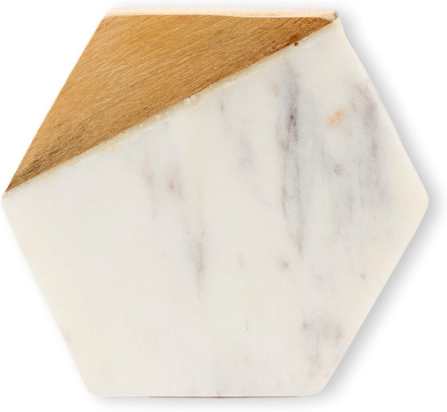 GoCraft Marble & Wood Coasters | Handcrafted Geometric White Marble Coasters with Mango Wood for Drinks, Beverages & Wine/Bar Glasses (Set of 6)