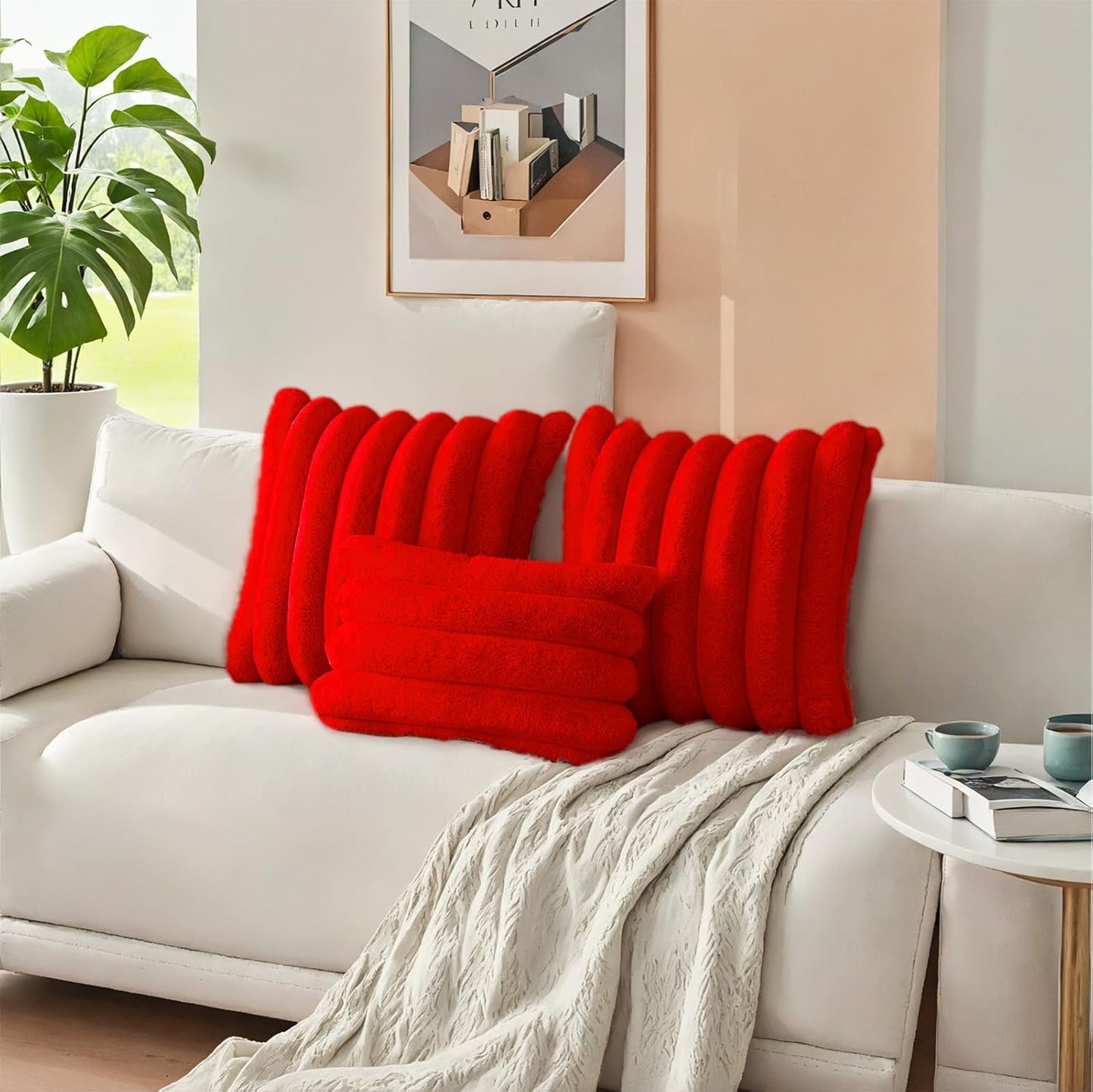 HAUSSY Faux Fur Throw Pillow Covers 22x22 Inch Set of 2,Decorative Striped Neutral Pillow Cases Soft Plush Couch Pillow Covers,Home Decor for Sofa,Bed, Living Room,Red