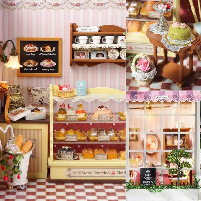 TuKIIE DIY Miniature Dollhouse Kit with Furniture, 1:24 Scale Creative Room Opened & Closed Wooden Doll House Plus Dust Proof & Music Movement for Kids Teens Adults(Sweet Berries Time)