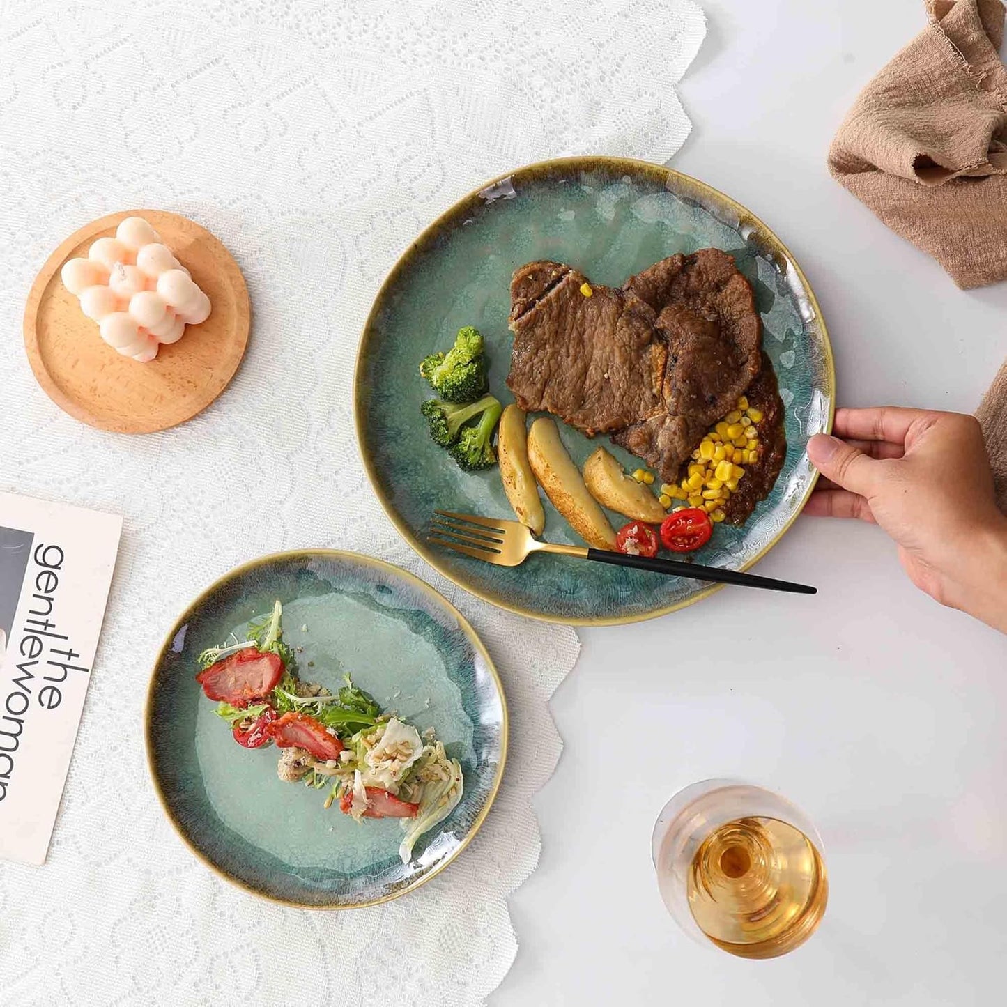 Henten Home Ceramic Dinner Plate Set, 11 Inch Porcelain Pizza, Pasta, Salad Plates, Irregular Shape Steak Plates Set of 4, Stoneware Serving Dishes for Kitchen (Green)