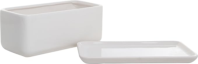 MyGift 10 Inch Modern Unglazed White Ceramic Indoor Plant Pot with Drainage Hole, Rectangular Succulent Planter Window Box with Removable Saucer, 2 Pack