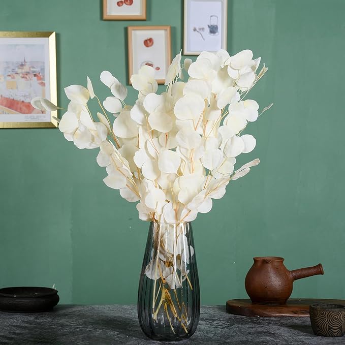 10 PCS Real Creamy White Silver Dollar Eucalyptus Stems for Vase - 15"-17" Fresh & Dried Eucalyptus Leaves Bundle, Natural Greenery Plants for Home, Wedding, Boho Decor & DIY Crafts