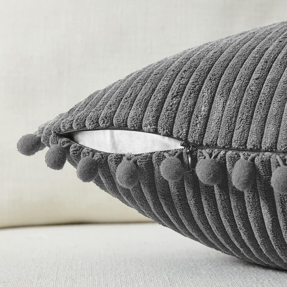 Fancy Homi Pack of 2 Dark Gray Decorative Throw Pillow Covers 20x20 Inch with Pom-poms for Couch Bed Living Room, Soft Corduroy Solid Square Cushion Case 50x50 cm, Farmhouse Boho Home Décor