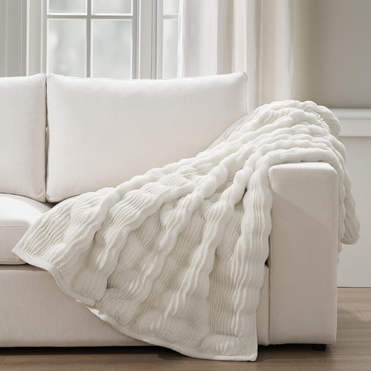 EVERGRACEHOME Ultra Soft Faux Fur Throw Blanket for Couch, Luxury Sculpted Texture Faux Rabbit Fur Blanket for Bed, Fluffy Thick Plush Warm Fuzzy Throw, 920GSM (Bright White, 50''x60'')