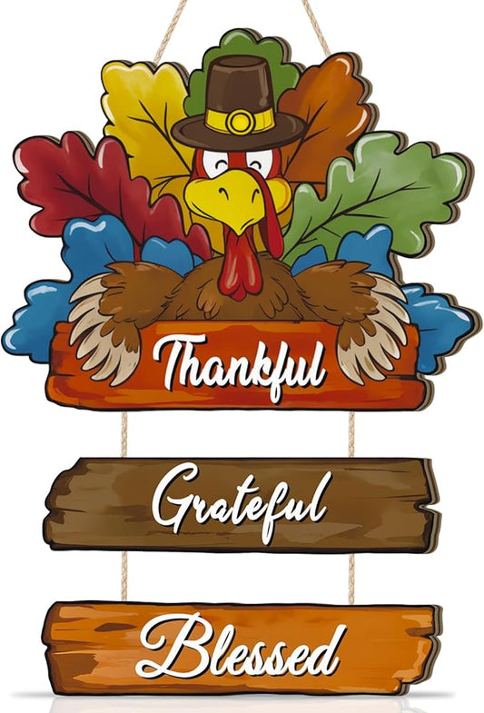 Thanksgiving Day Wood Door Hanger,Turcky Wall Sign,Fall Thankful Sign,Autumn Wooden Sign,Grateful for Harvest Wall Plaque,Thanksgiving Turkey Door Decorations for Home Porch Indoor Outdoor Party
