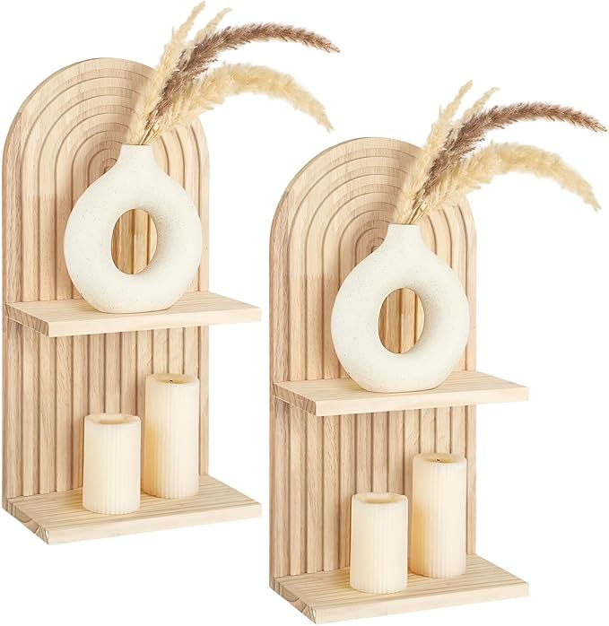 Geetery 2 Pcs Arch Wood Floating Shelf Mid Century Rainbow Wall Shelves Modern Boho Wall Shelf Retro Mounted Wood Arch Decor for Bedroom Living Room Classroom Bathroom Display(2 Tier)