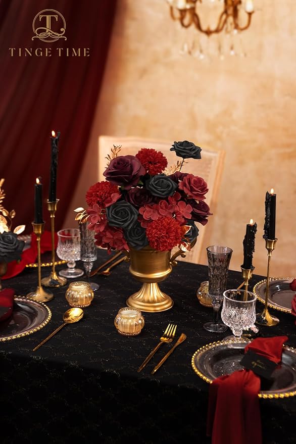 TINGE TIME Rose Artificial Flowers Combo, Gradient Color Faux Foam Roses with Stems for DIY Wedding Bridal Shower Party Table Centerpieces Fake Floral Arrangement Home Decor (Gothic Black & Red)