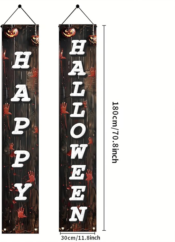2PCS Halloween Porch Banner Decorations 71 x 12 Inch Happy Halloween Vertical Hanging Sign Scary Bloody Handprint Front Door Banner for Outdoor Haunted House Yard Party Wall Decor