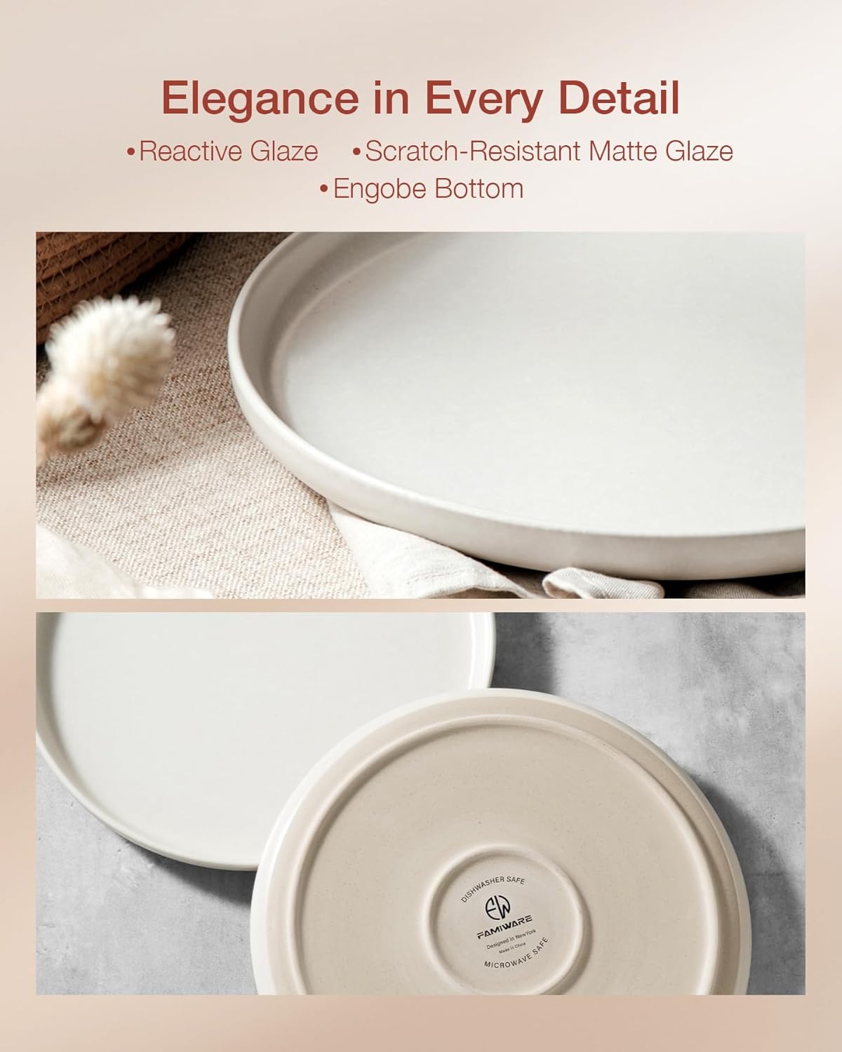 Famiware Milkyway Plates and Bowls Sets, 24 Pieces Dinnerware Sets, Reactive Glaze Dish Set, Stoneware Dishes Set for 8, Matte Beige White