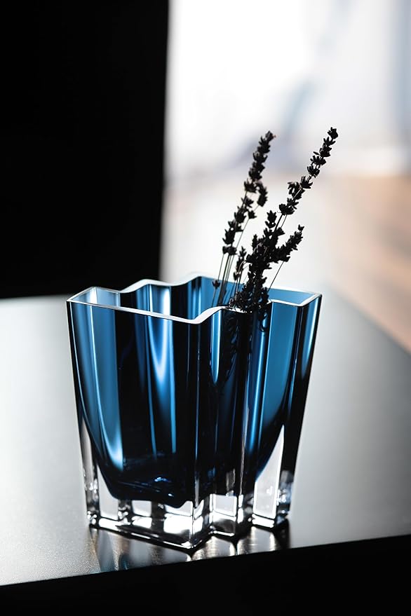 Glass - Vase - Blue - Teal - Chevron Design - 6.75" Height - Heavy Durable - Made in Europe - by Barski