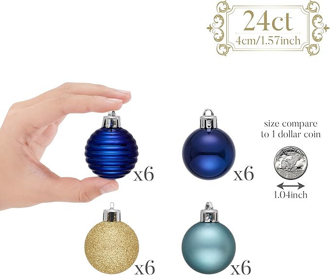 Valery Madelyn 1.57 Inches Small Christmas Tree Decorations Ornament Set for Fall Halloween, 24ct Blue and Gold Shatterproof Hanging Ball Ornaments Holiday Party Decor