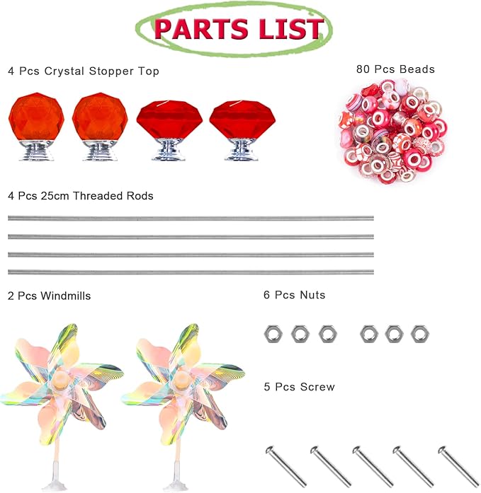 101 PCS Beaded Garden Stakes Kit, DIY Fairy Wand Garden Stake Beads Kits with Red Large Hole Beads 4 Crystal Stopper Top Threaded Rods and 2 Colored Small Windmills for Outdoor Indoor Decor