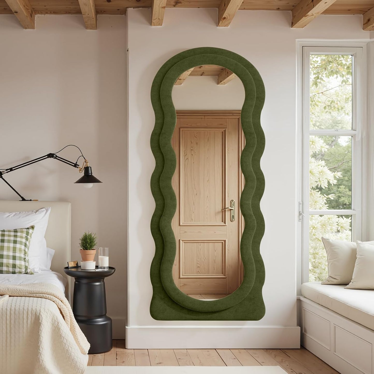 Full Length Mirror 71"x30" Irregular Wavy Full Body Wall Mounted Floor Mirror with Stand Green Flannel Frame Leaning Hanging Wall for Bedroom Entrance Hallway