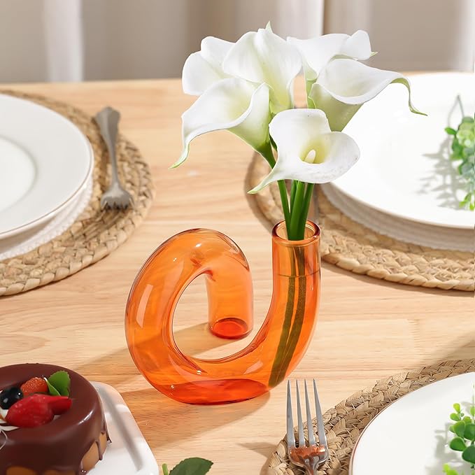 Joeyan Handmade Small Amber Glass Flower Vase,Decorative Geometric Glass Bud Vase for Modern Home Centerpieces Living Room Office,4.72" Abstract Vase for Single Flower and Dry Flowers