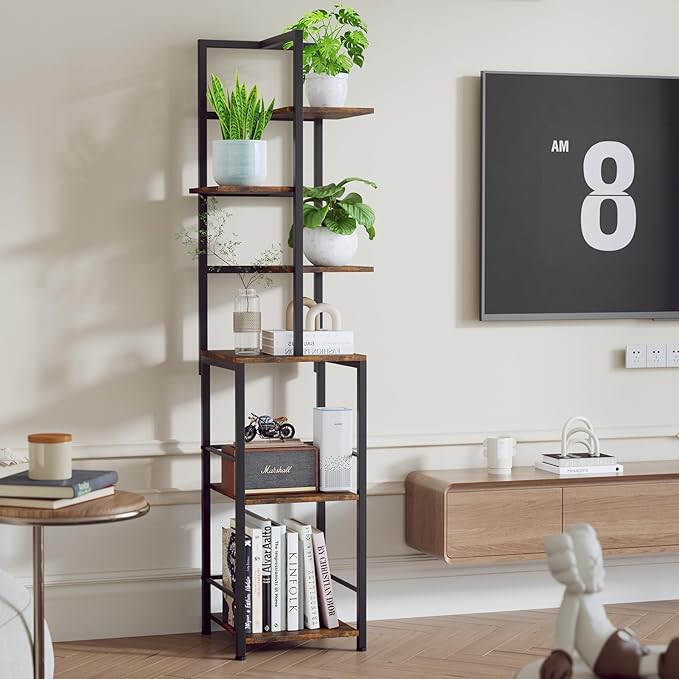 Plant Stand Indoor with Grow Light, 6-Tiered Tall Plant Stand Indoor, Metal Plant Shelf with Bookshelf Bookcase and Adjustable Light, Ideal for Living Room, Reading room, Garden, Patio (Brown)