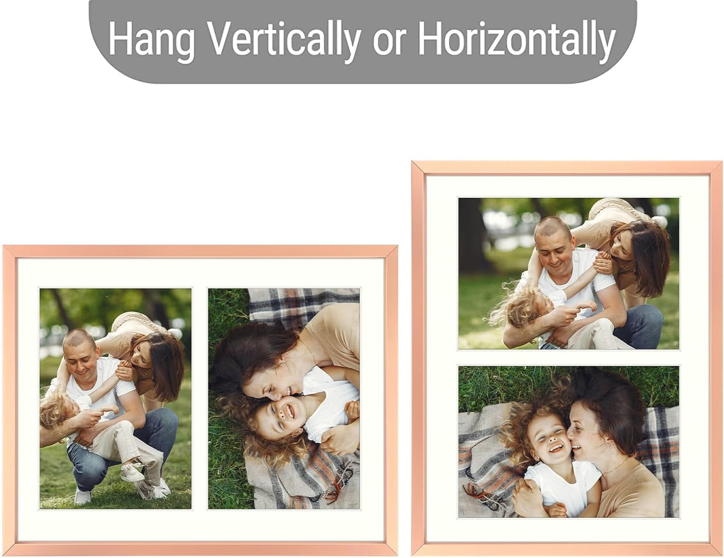 Frametory - 8.5x11 Aluminum Collage Picture Frame - Display 5x7 Pictures with 2 Openings Mat - Real Glass Front - with Easel Stand for Horizontal/Vertical Wall Mount - Rose Gold 1 Pack