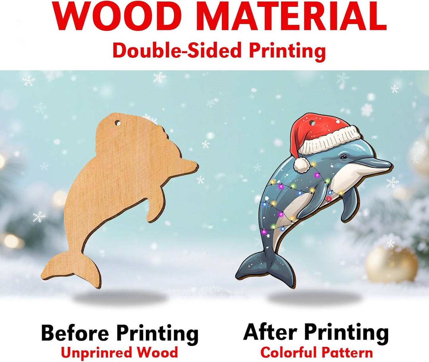 Dolphin Ornament for Christmas Tree Decorations - Dolphin with Santa Hat Hanging Ornament - Marine Life Decorative Gifts - 2 Side Printed Wooden Ornament