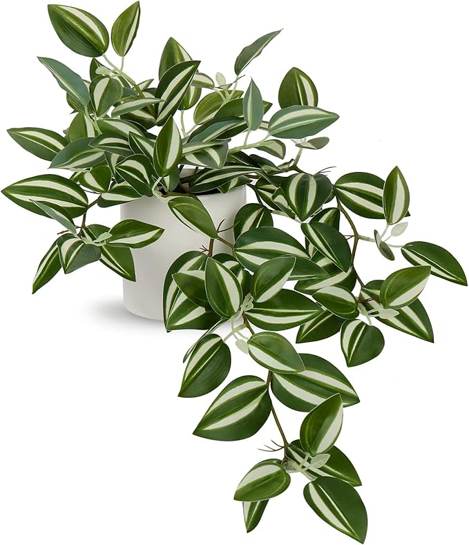 Fake Hanging Plants, 20 Inch Artificial Ivy Plant in Ceramic Pot Faux Vine Potted for Home Bedroom Office Table Shef Desk Indoor Outdoor Decor (Green/White)