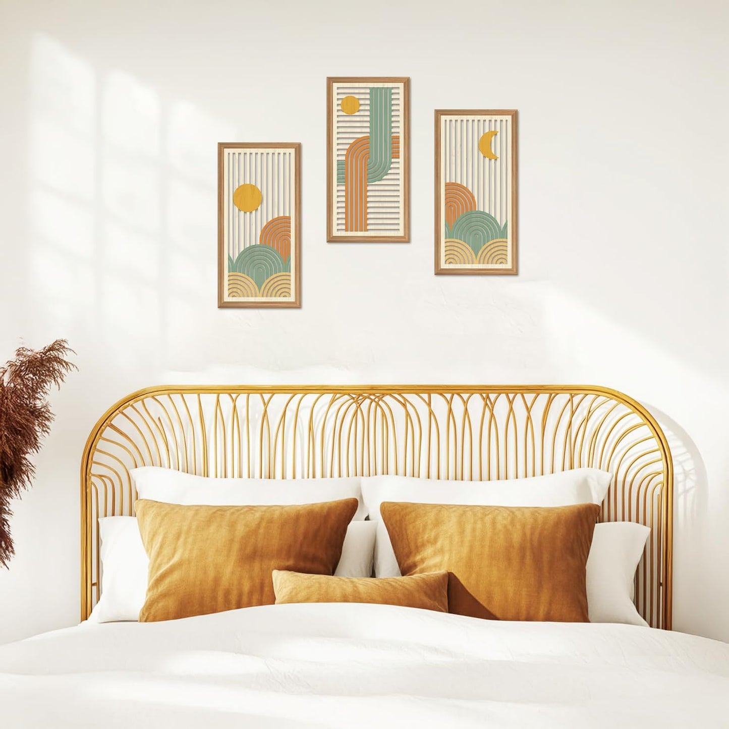 IARTTOP 3 Pcs Boho Abstract Wood Wall Art Modern Geometric Artwork Bohemian Sun and Moon Wood Wall Decor Minimalist Line Hanging Decor for Living Room Bedroom Apartment 7.9 x15.8 Inch
