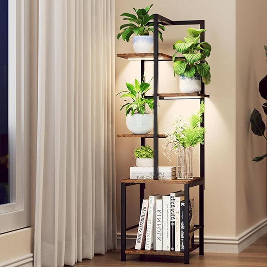 Plant Stand Indoor with Grow Light, 5-Tiered Tall Plant Stand Indoor, Metal Plant Shelf with Bookshelf Bookcase and Adjustable Light, Ideal for Living Room, Reading room, Garden, Patio (Brown)