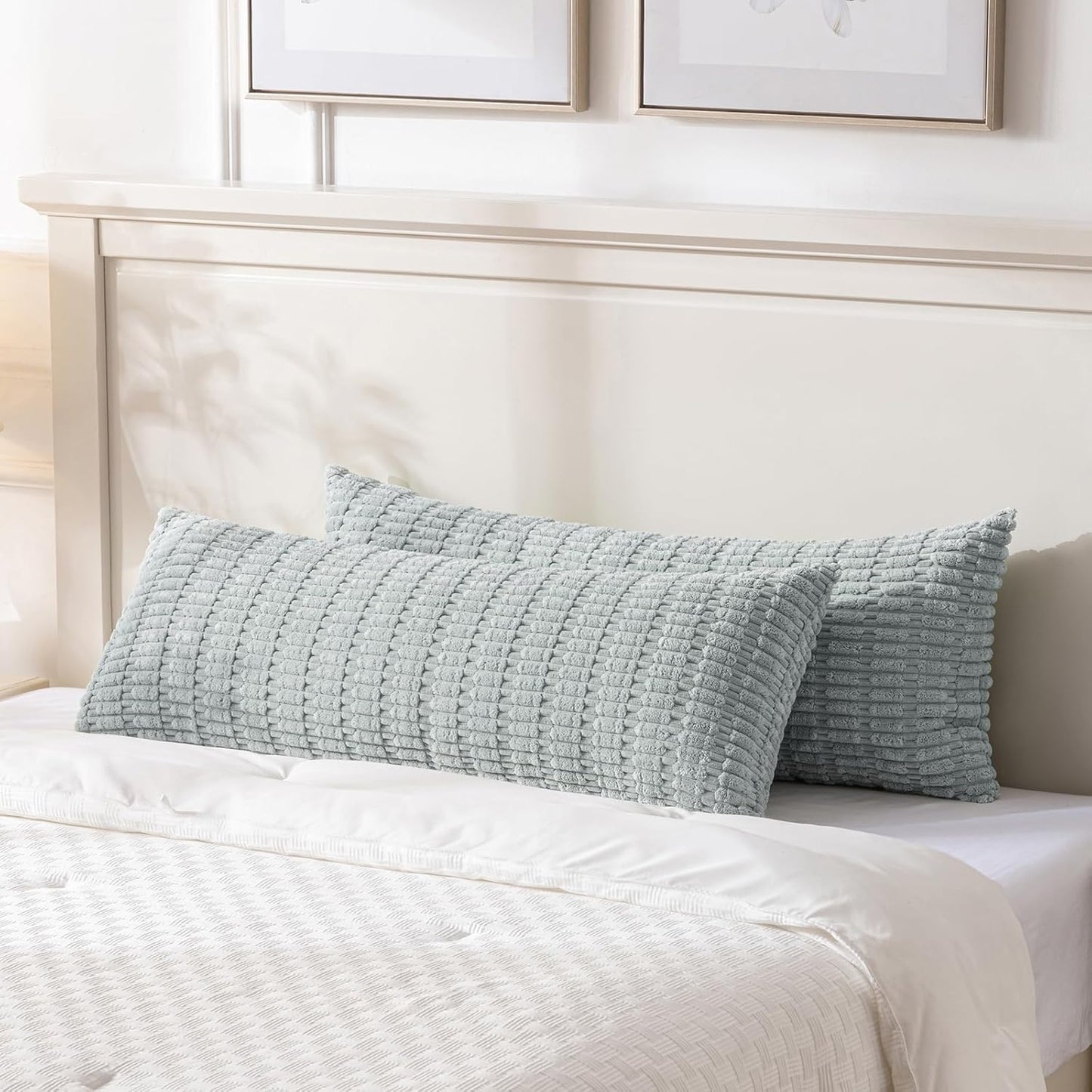 Fancy Homi Grey Blue Long Body Lumbar Lumbar Decorative Throw Pillow Covers 20x54 Inch for Bed Couch Bedroom Bench, Soft Corduroy Rectangle Solid Pillow Case, Rustic Farmhouse Boho Room Decor