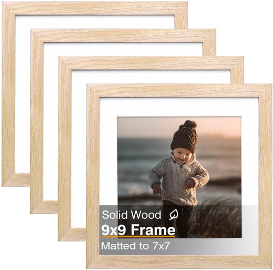 KINLINK 9x9 Picture Frame, Natural Square Solid Wood Frames for Pictures 6x6 with Mat or 9x9 without Mat, Wall and Tabletop Display Photo Frames Natural Wood 4 Pack
