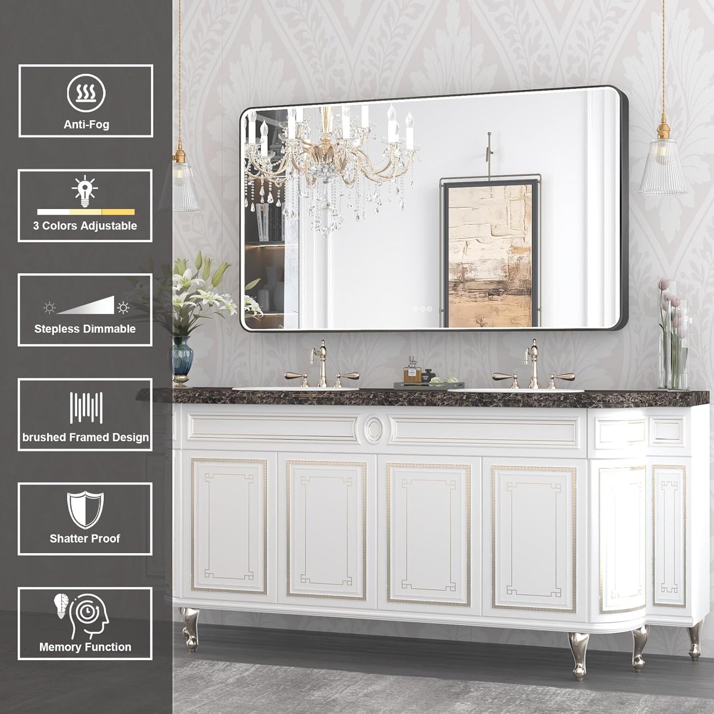 LED Mirror for Bathroom 55X32 Inch Black Framed with Anti-Fog, Stepless Dimmable, Front Lit, LED Bathroom Vanity Mirror for Wall, Memory Function, Shatter-Proof