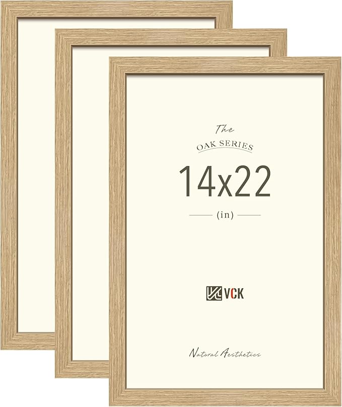 VCK 14x22 Picture Frame Set of 3 - Oak, Natural Solid Wood Poster Frame, Textured Exclusive Wall Gallery Frame