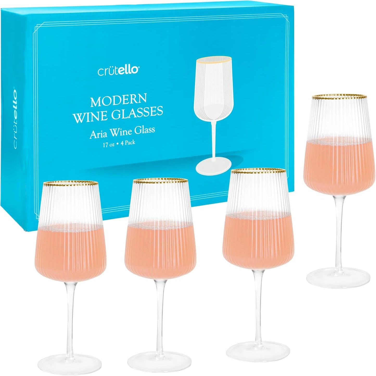 Crutello Modern Wine Glasses - 17 oz Unique Fluted Glassware with Vintage Ribbed Glassware Texture and Gold Rim, Art Deco Red or Fancy White Wine Glasses - Set of 4