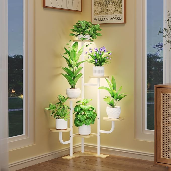 Corner Plant Stand with Grow Light - 6 Tier Plant Stand Indoor Round Metal Plant Shelf with Adjustable Light, Plant Organizer for Living Room, Graden, Home Decor (Maple)