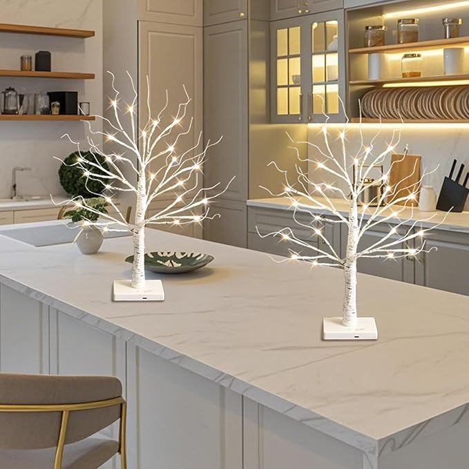 White Birch Tree with LED Lights, Christmas Decorations Lighted Tree for Tabletop, Battery Operated 24 LED Warm White Tree, 2FT Mini Small Christmas Tree Indoor Home Christmas Decor (2 Pack, Timer)