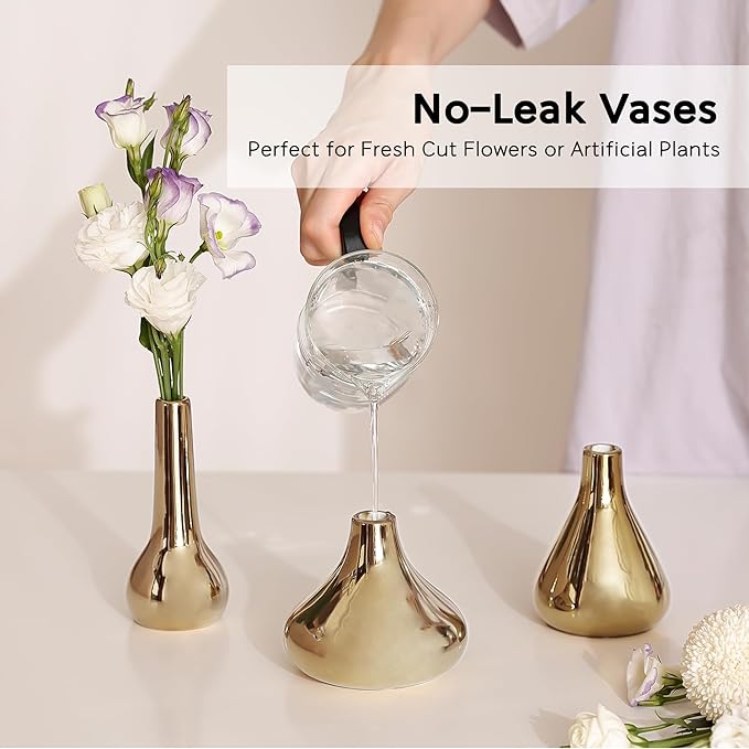 Port&Petal Brass Vases (Set of 3) - Small Bud Vases 3.5-5" Tall With Reflective Finish | Home Accent for Living Room, Table Decor, Wedding Centerpiece