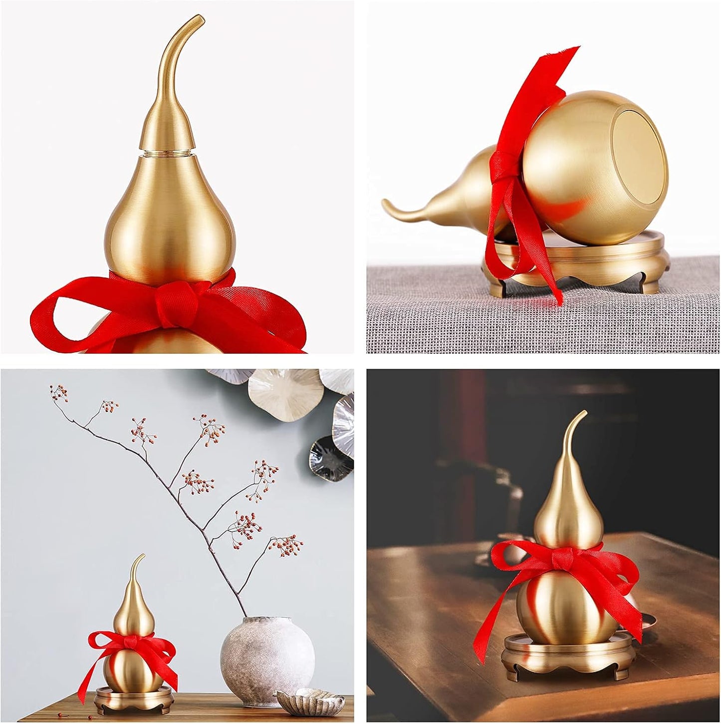 Feng Shui Wu Lou Brass Golden Gourd with Holder and Red Luck Strip for Home Decor Furnishing,Full Brass,Statue Charm Amulet,Bring You Good Luck,Healthy,Success